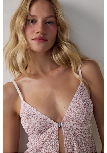Penti Pembe Printed Lace Front Opening Üst