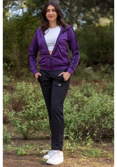 Kadın Mürdüm İki Şeritli Biyeli Fermuarlı Kapüşonlu Spor Eşofman Takımı 21kestax11 001