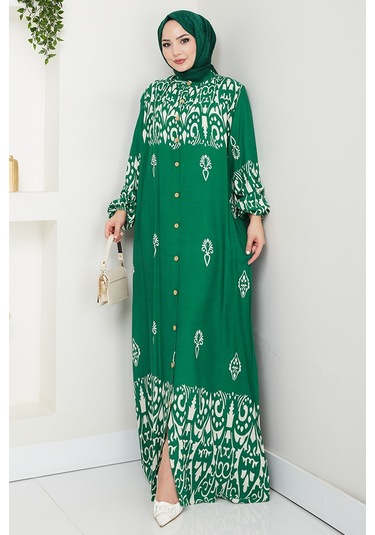 Çilay Düğmeli Dokuma Viskon Elbise 1561 - Yeşil Yeşil