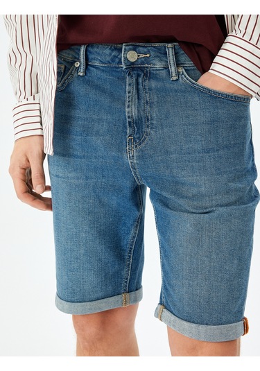 Koton Katlamalı Paça Bermuda Slim Fit Jean Şort Orta İndigo 5sam40009ıd İndigo