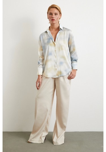 Ebruli Desen Saten Gömlek Buz Mavisi Buz Mavisi