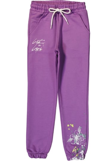 Kız Çocuk Yazı Çiçek Desenli Cepli Lila Renk Eşofman Altı Lila