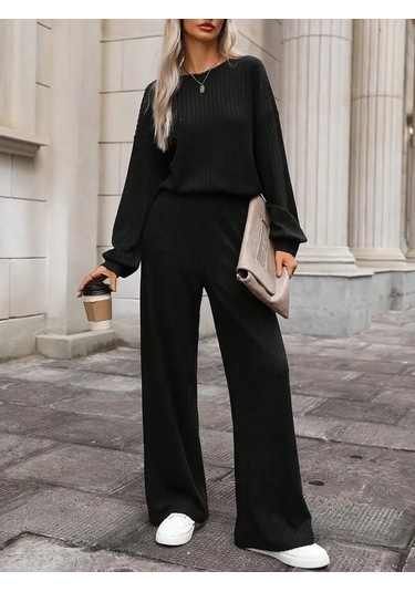 Ge Ticaret Kadın Uzun Kollu Bisiklet Yaka Şardonlu Dalgıç Bluz Ve Pantolon Ikili Takım Siyah