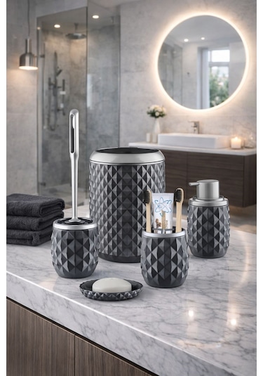 Decorev Geometrik Desenli Gri Banyo Aksesuar Seti – 5 Parça