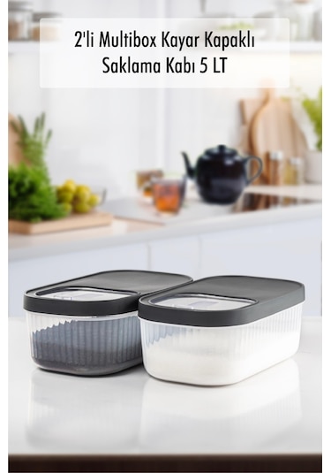 2'li 5 Lt Multibox Kayar Kapaklı Saklama Kabı & Erzak Kabı & Toz Ve Tablet Deterjan Kutusu Siyah