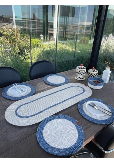 Doğal İp - Leke Tutmaz 6 Lı Masa Takımı 4 Amerikan Servis, 1 Runner, 1 Sepet - Şık Sofra Seti Beyaz/mavi