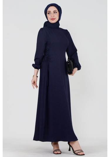 Yanı Bağcıklı Keten Elbise-lacivert-4077-lacivert Lacivert