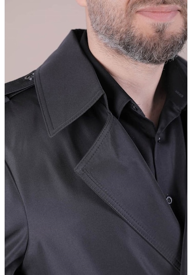 Ohepmoda Slim Fit Kemerli Erkek Trençkot Siyah