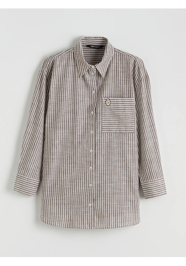 LC Waikiki Kahverengi Çizgili Oversize Poplin Kadın Gömlek Tunik