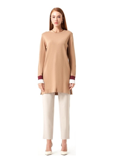 Mizalle Kol Piliseli Rayon Triko Camel-beyaz Tunik Camel