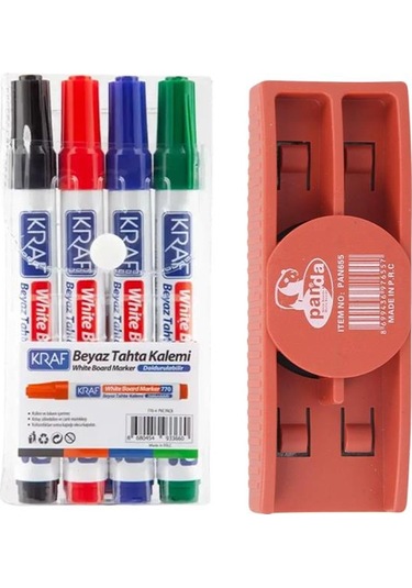 Kraf Doldurulabilir Beyaz Tahta Kalemi 4lü Ve Panda Mıknatıslı Yazı Tahtası Silgisi Set Çok Renkli