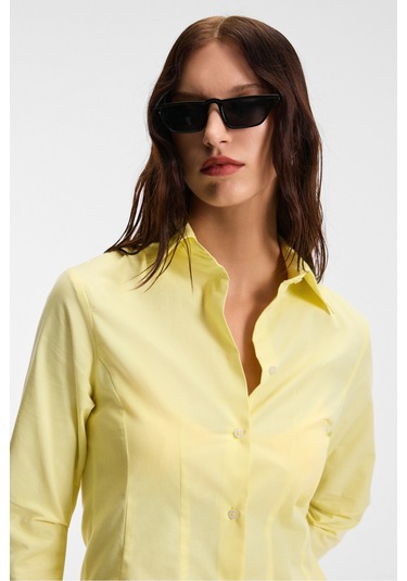 PAPILUS Kadın Regular %100 Organik Pamuk İnce Uzun Gömlek Yaka Uzun Kollu Sarı Gömlek