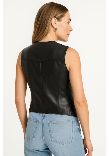 Hakiki Deri Siyah Kadın Yelek Siyah