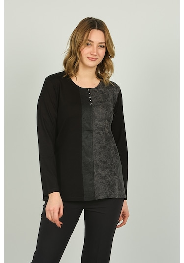 Detay Triko Kadın Suni Deri Detaylı Ve Desenli Uzun Kol Bluz 4553 Siyah Gri Gri - Siyah