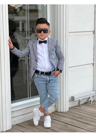 Uğurböceğiçocuk Ekose Denim Detaylı 5'parça Erkek Çocuk Takım 001