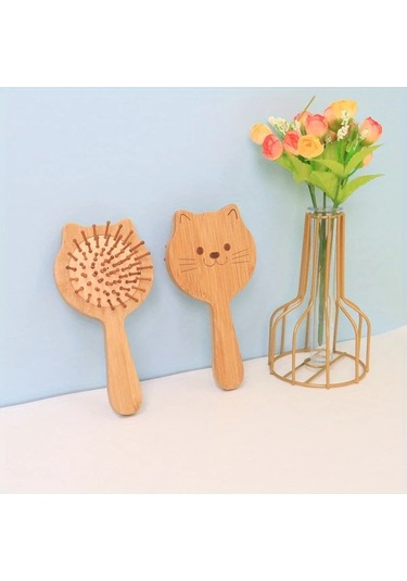 Gateesat Ahşap Renk Yumuşak Bambu Kıllı Sevimli Kedi Temalı Oval Saç Masaj Fırçası