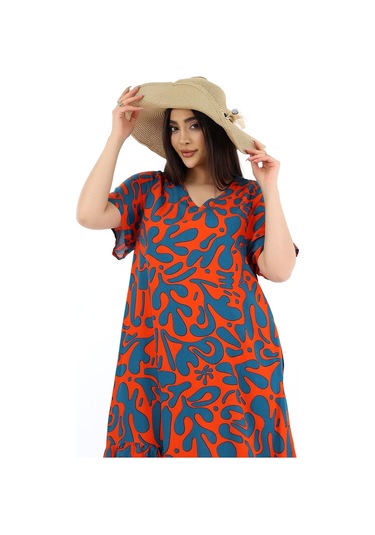 Kadın Viskon Yarım Kol V Yaka Cepli Fırfırlı Elbise Orange Orange