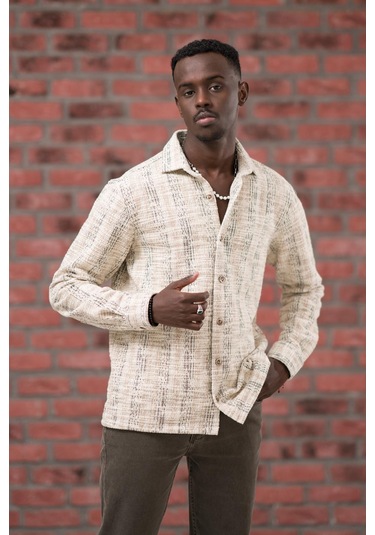 Brenzo Yarı Oversize Hafif Bol Kalın Çizgili Oduncu Gömlek Kahverengi