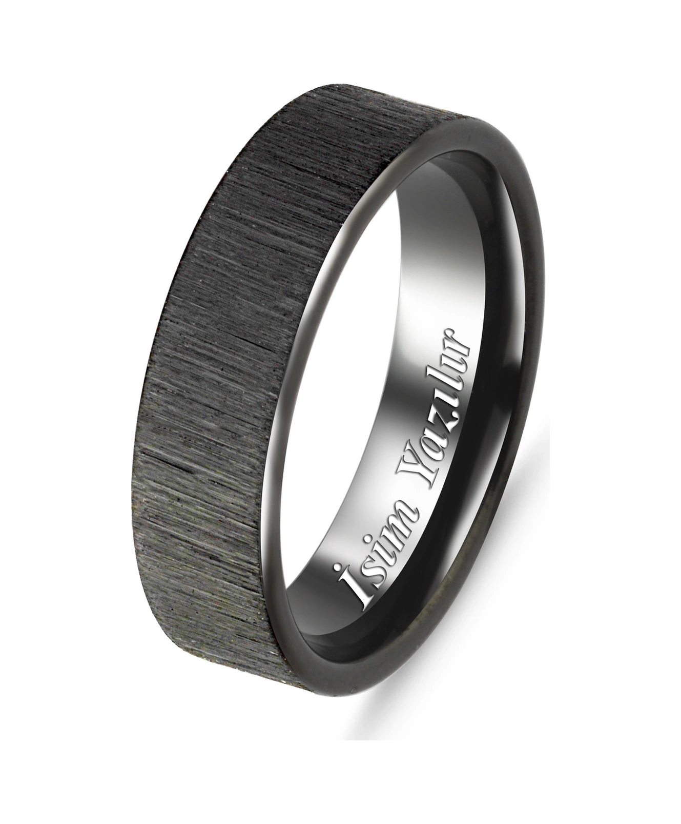 Kişiye Özel İsim Tarih Yazılı 6mm Mat Fırçalanmış Düz Unisex Çelik Yüzük Alyans Cl46y Siyah