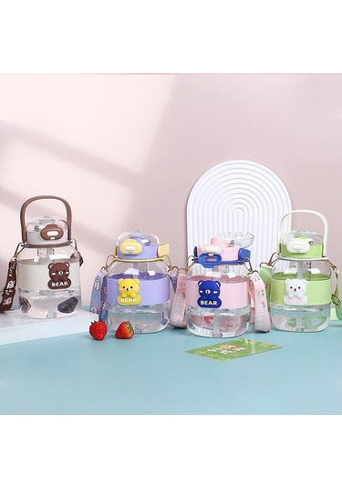 Sevimli Çizgi Film Baskılı Büyük Gövdeli Plastik Su Bardağı, Renkli Samanlı Bardak, Yaz İçin Pratik Spor Matarası, Çocuklar İçin Eğlenceli Desenli Kova Bardak, Dayanıklı Ve Hafif Beyaz