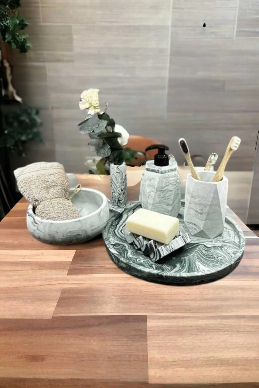 6'lı Mermer Desenli Yeşil Beton Banyo Seti Sıvı Sabunluk Diş Fırçalığı Aksesuar Takım Yeşil