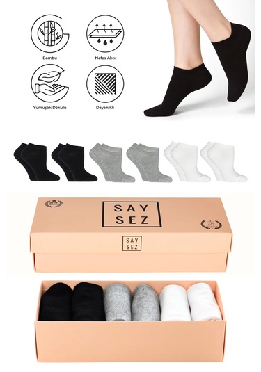 Bambu Kadın Patik Düz Asorti Çorap Dikişsiz Premium Kutulu 6'lı Beyaz - Gri - Siyah Bambu Kadın Patik Düz Asorti Çorap Dikişsiz Premium Kutulu 6'lı Beyaz - Gri - Siyah