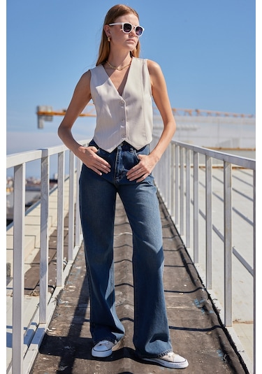 Bigdart 6794 Çizgili Dokuma Yelek - Bej 001