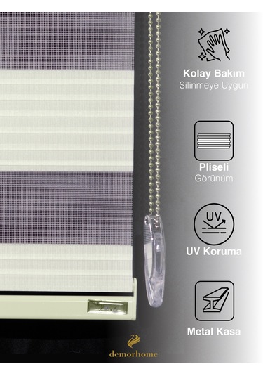 Br Demor Home Geniş Pliseli Ekru Zebra Stor Güneşlik Perde Metal Kasa Ekru