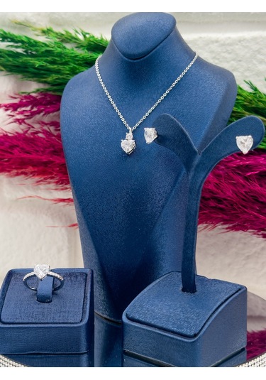 925 Ayar Gümüş Kalpli Zirkon Taşlı 3 Lü Zarif Kadın Takı Seti Gümüş