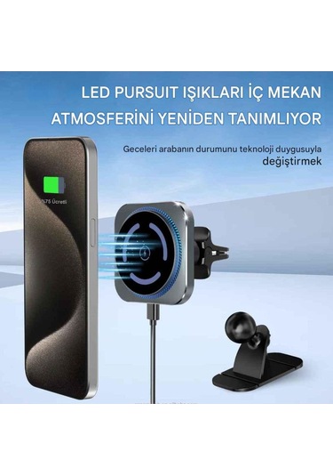 Magsafe Güçlü Manyetik 15w Hızlı Şarj Led Işıklı Araç Telefon Tutucu