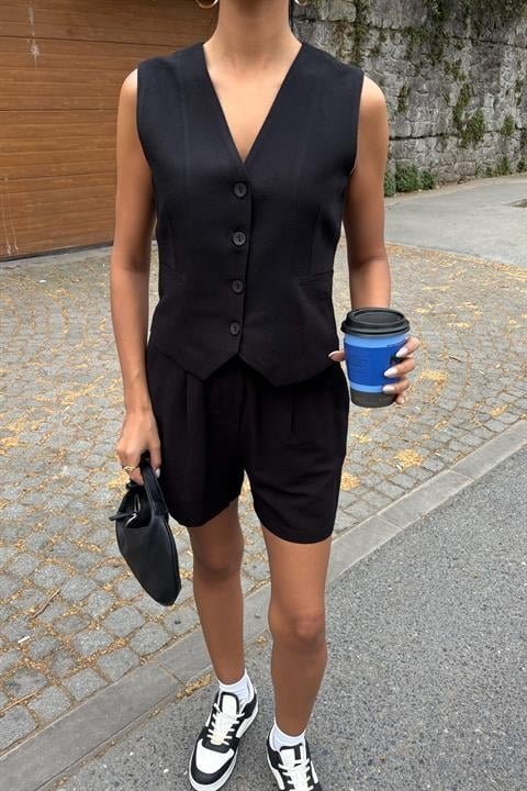 Yelek Şort Flamlı Keten Takım 10133-17 Si Yah