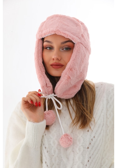Kadın Pudra Kürklü Kulaklıklı Peluş Şapka Pudra