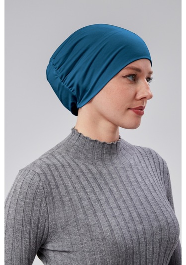 Kadın Tesettür Hazır Pratik Geçmeli Bone Lastikli Kaymaz Petrol Rengi Petrol Mavisi