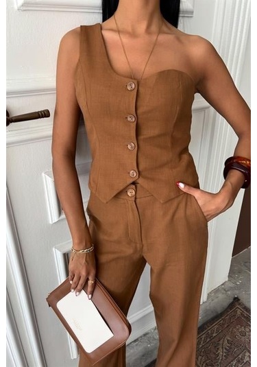 Tek Omuz Büstiyer Plazzo Pantolon Viscon Takım 10159 Kahverengi