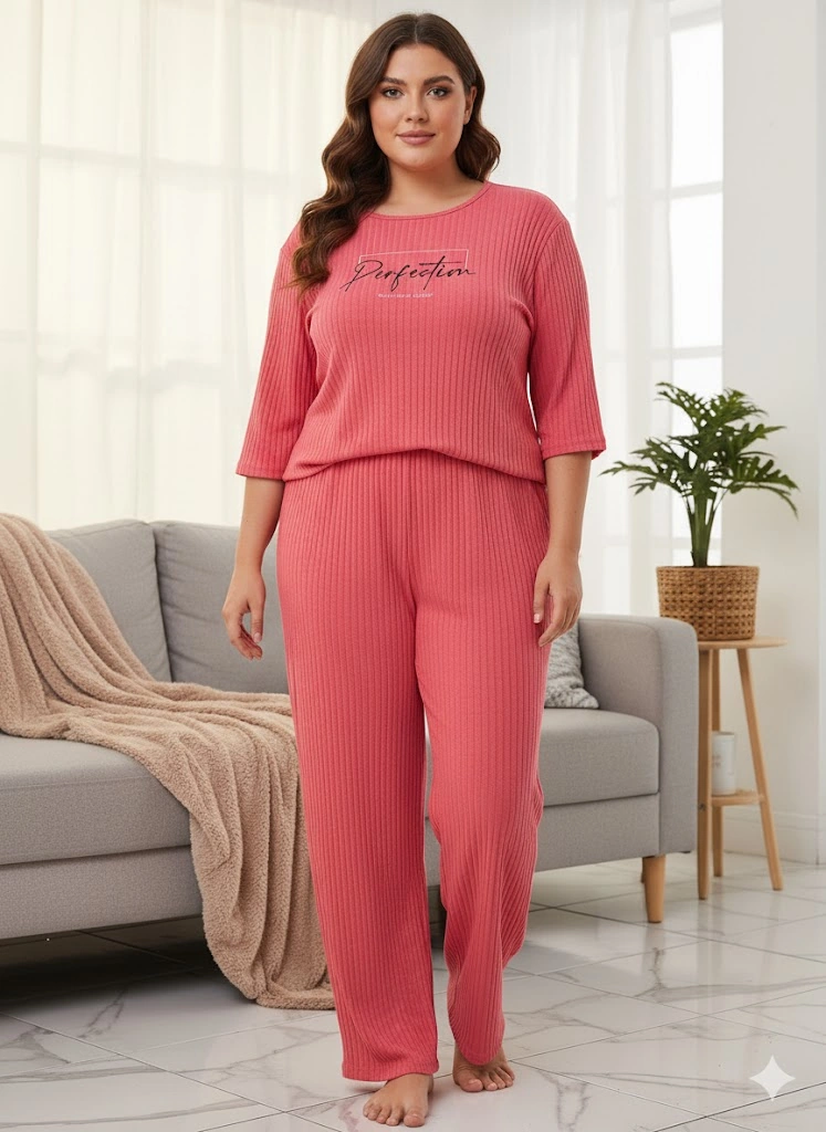 Kadın Pembe Büyük Beden Pijama Takım Narçiçeği