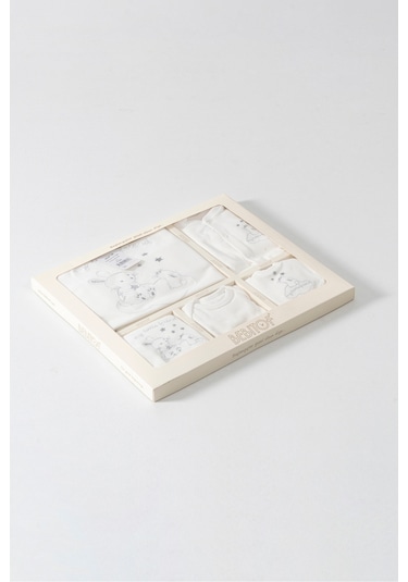 Sevimli Buluttaki Tavşan Desenli 10 Parça Kutulu Yenidoğan Hastane Çıkışı Zıbın Seti Ekru