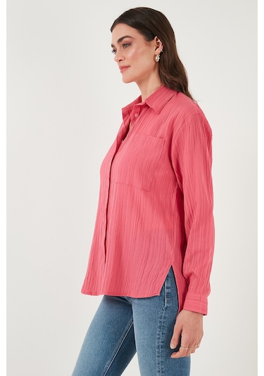Lela Regular Fit Tek Cepli Önü Kısa Arkası Uzun Krinkıl Bayan Gömlek 6772752 Fuşya