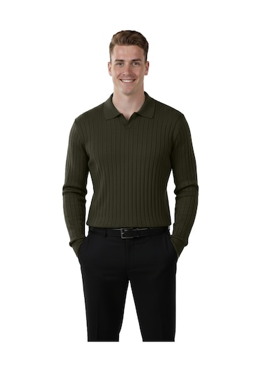 Deepsea Erkek Haki Polo Yaka Fitilli Triko Kazak %100 Pamuk, Esnek Dokulu, Modern Kalıp 2605305 Haki