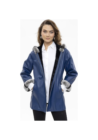 Mavi Perla Geniş Kesim İçi Kumaş Çift Taraflı Kapüşon Ve Kol Ağzı Kürklü Kadın Hakiki Deri Kaban-mavi Mavi