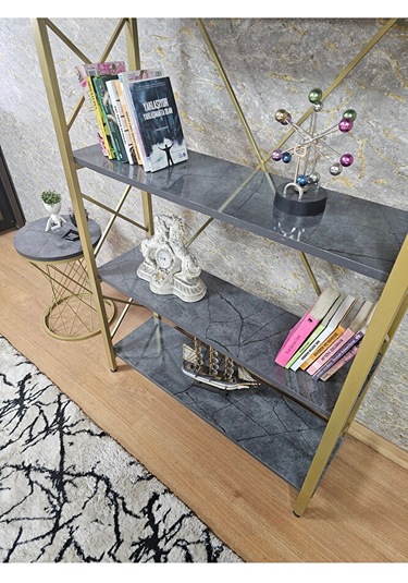 Gold Boyalı Kitaplık - 5 Raflı Suntalem Lüks Kitaplık Aris Gri Çok Renkli