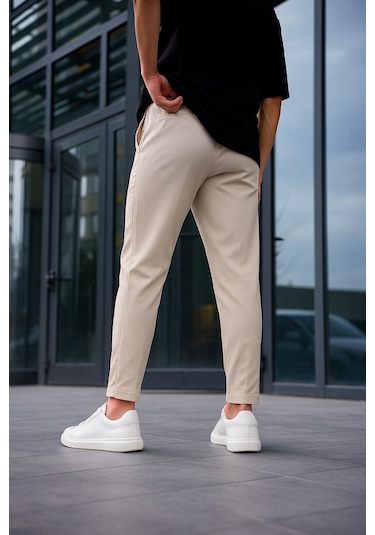 Erkek Vizon Renk Esnek Likralı Fermuar Detaylı Jogger Pantolon-1805 Vizon