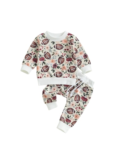 Kayısı Yürümeye Başlayan Bebek İki Parçalı Kıyafet Futbol Baskı Uzun Kollu Üstler Ve Elastik Pantolon Seti Bebek Kız Erkek Sonbahar Giysileri Krem