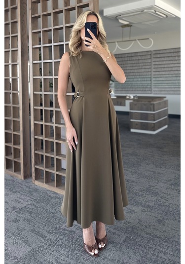 Haki Bel Kemer Detaylı Elbise Haki