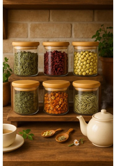 Borosilikat Baharatlık 500 Ml 6 Adet - 90 Mm X 100 Mm -bambu Kapaklı-sızdırmaz Silikonlu Beyaz