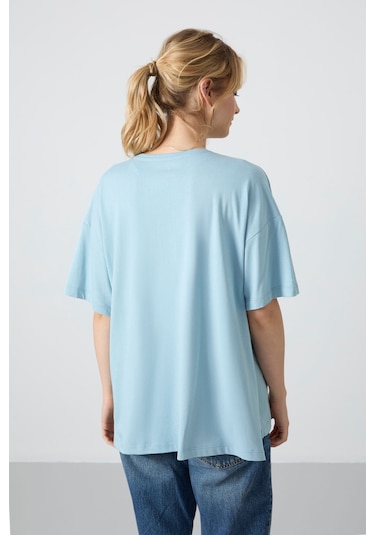 Tommy Life Açık Mavi Penye Modal Yumuşak Tuşeli Oversize Fit Basic Kadın T-shirt- 97285 Açık Mavi