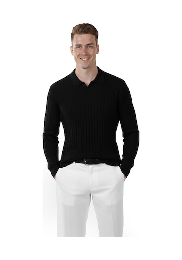 Deepsea Erkek Siyah Polo Yaka Fitilli Triko Kazak %100 Pamuk, Esnek Dokulu, Modern Kalıp 2605305 Siyah