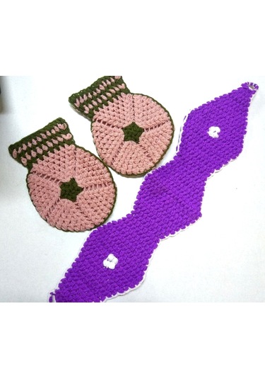 Yeşil Pembe Mor Beyaz Üçlü Lif Takımı El İşi Örme