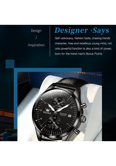 Olevs 2880 Erkekler Çok Fonksiyonlu İş Su Geçirmez Deri Kayış Kuvars İzle Siyah