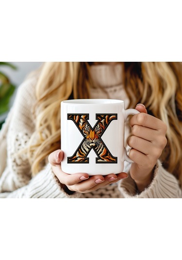 X Harfi Kaplan Figürlü Nakış Desenli Kupa Bardak - Kişiye Özel Vahşi Hayvan Desenli Kupa - Hediye Beyaz