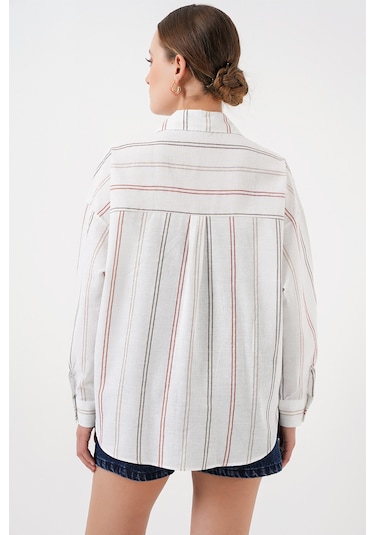 Kadın Çizgili Oversize Gömlek 20278 - B.beyaz Beyaz
